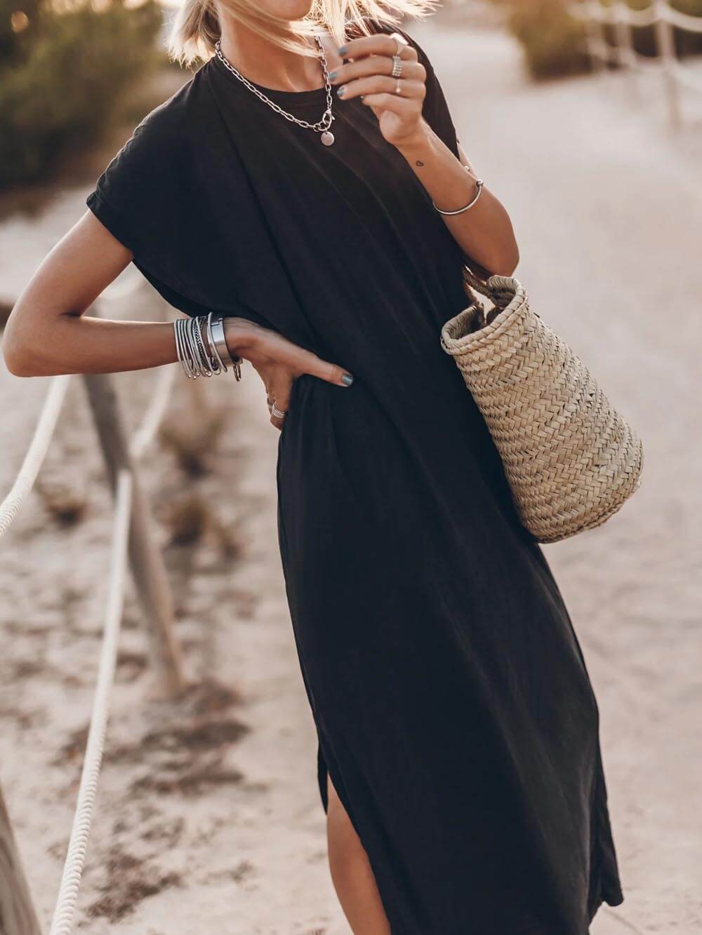 Effortless Open Sleeve Slit Graceful Oversized T-shirt Midi Dress