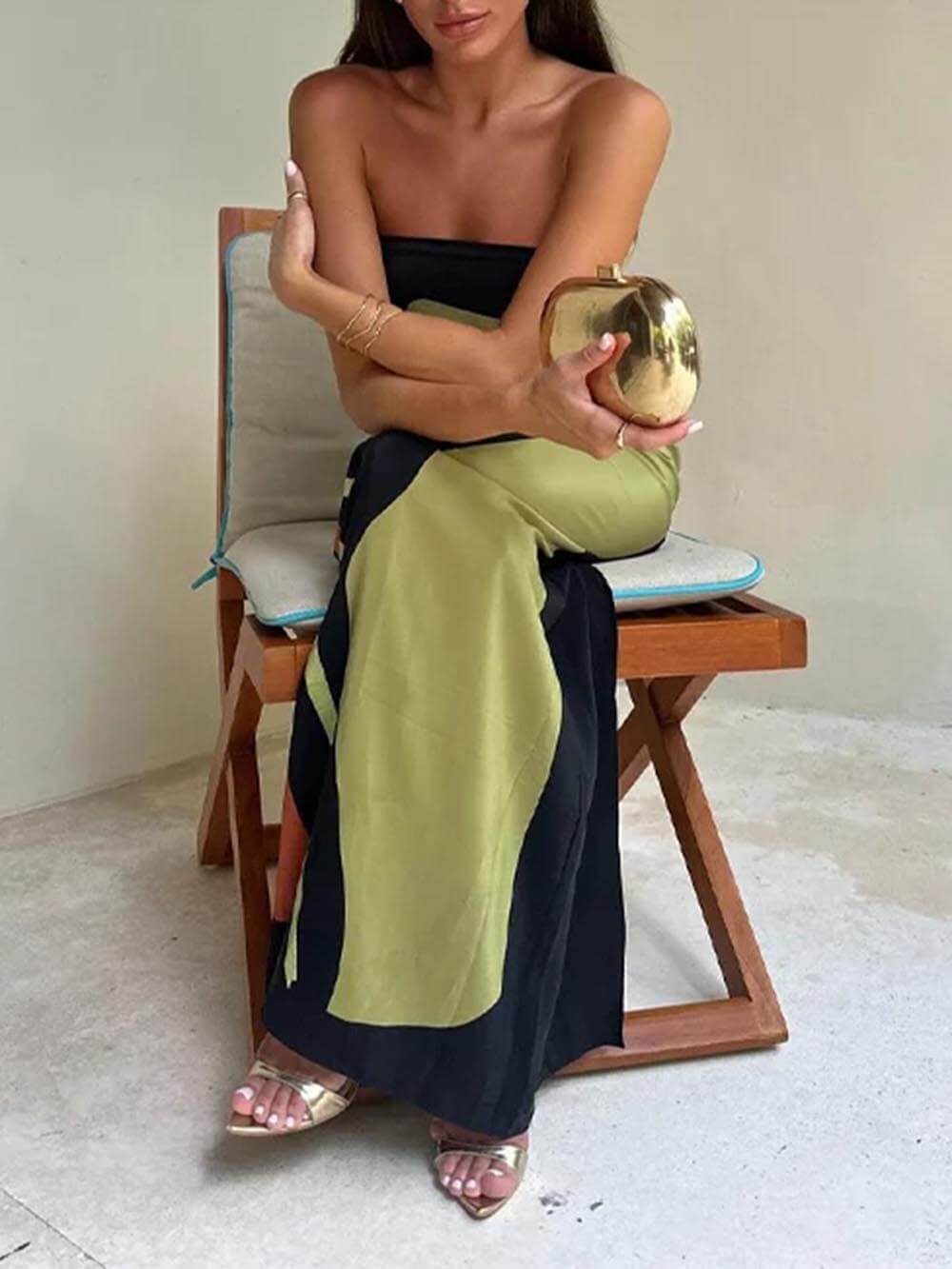 Contrast Sleeveless Off Charming Shoulder Printed Maxi Dress