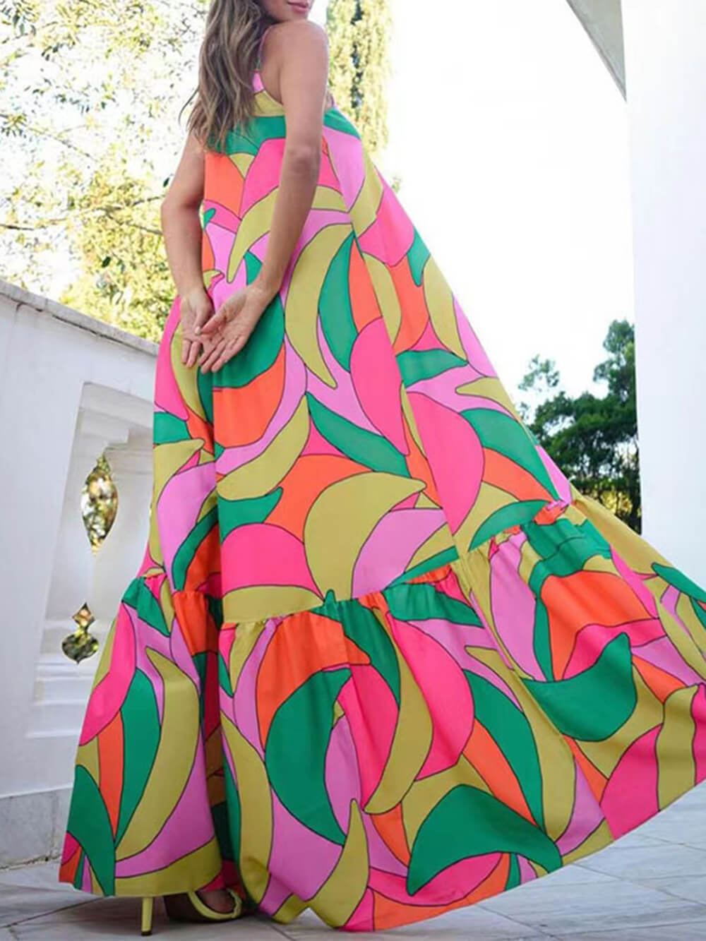 Summer French Deep V-Neck Graceful Backless Halter Printed Dresses