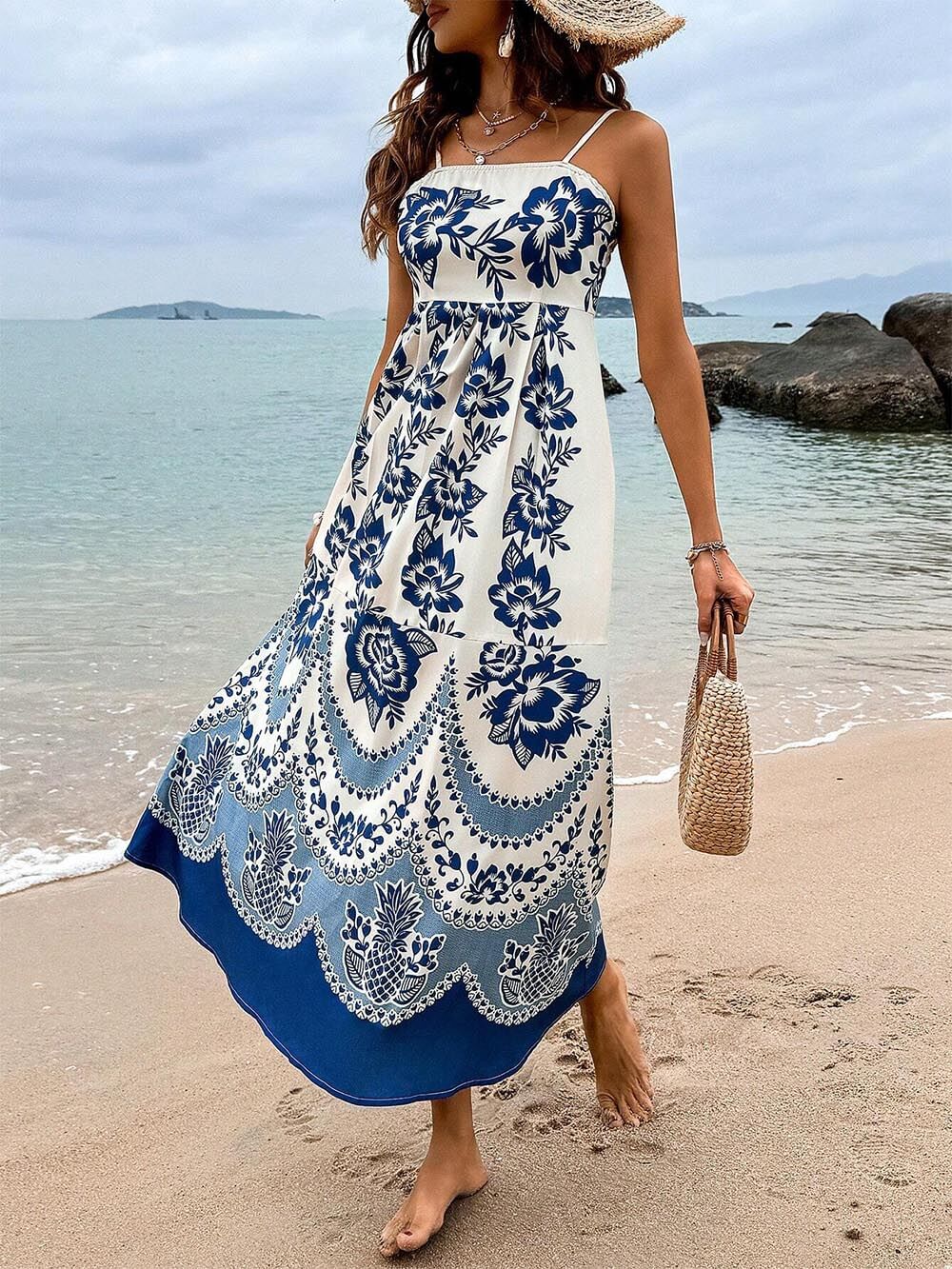 Floral Ethnic Print Back Graceful Smocked Loose Midi Dress