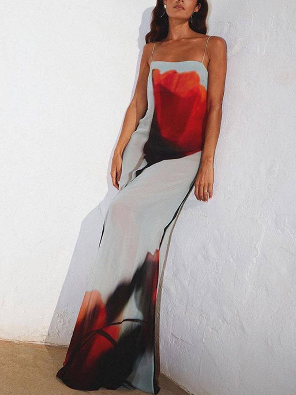 Vacation Abstract Tulip Print Graceful Slip H-Line Maxi Dress