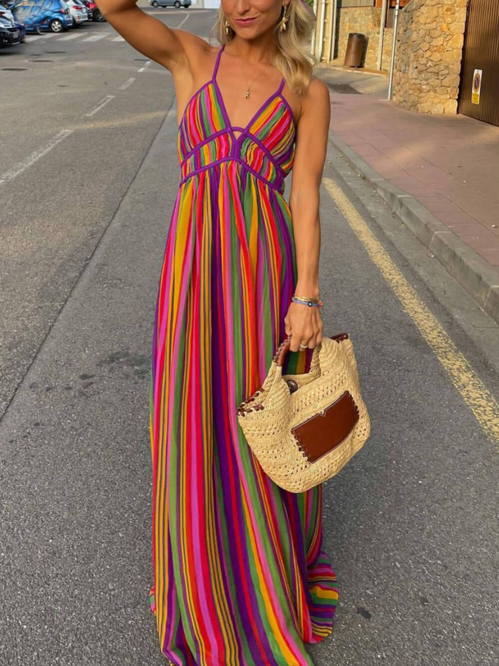 Rainbow Stripe Print Charming V-Neck Maxi Dress