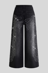 Wing Graphic Rhinestone Wide Leg Jeans