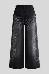 Wing Graphic Rhinestone Wide Leg Jeans