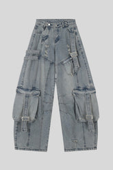 Washed Buckle Cargo Wide Leg Jeans