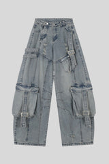 Washed Buckle Cargo Wide Leg Jeans