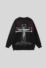 Gothic Cross Typography Distressed Sweater