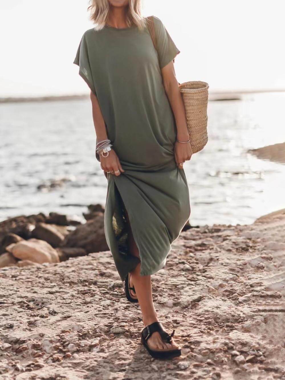 Effortless Open Sleeve Slit Graceful Oversized T-shirt Midi Dress