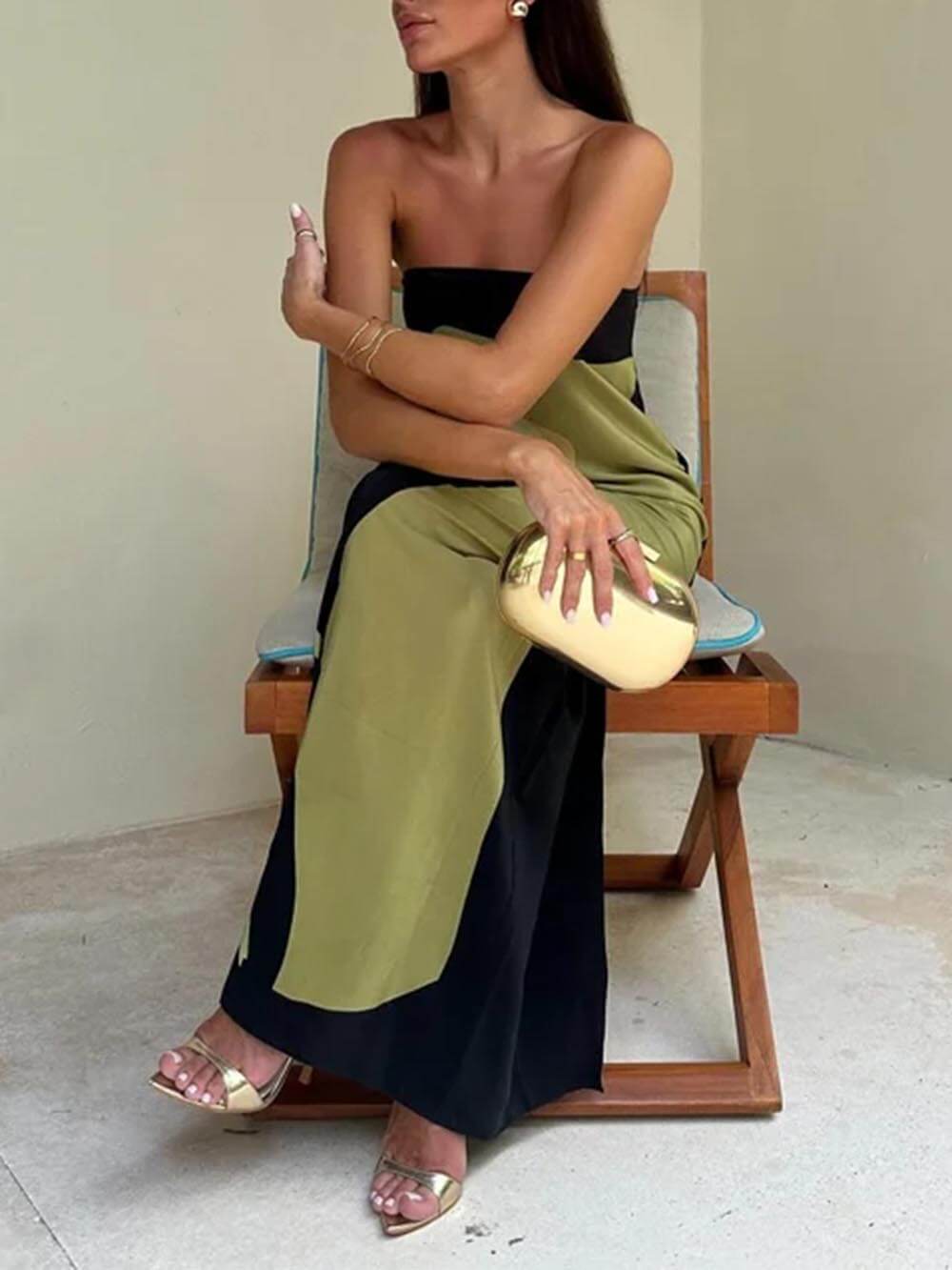 Contrast Sleeveless Off Charming Shoulder Printed Maxi Dress