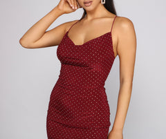 Avery Formal Heat Stone Graceful Cowl Neck Mini Dress