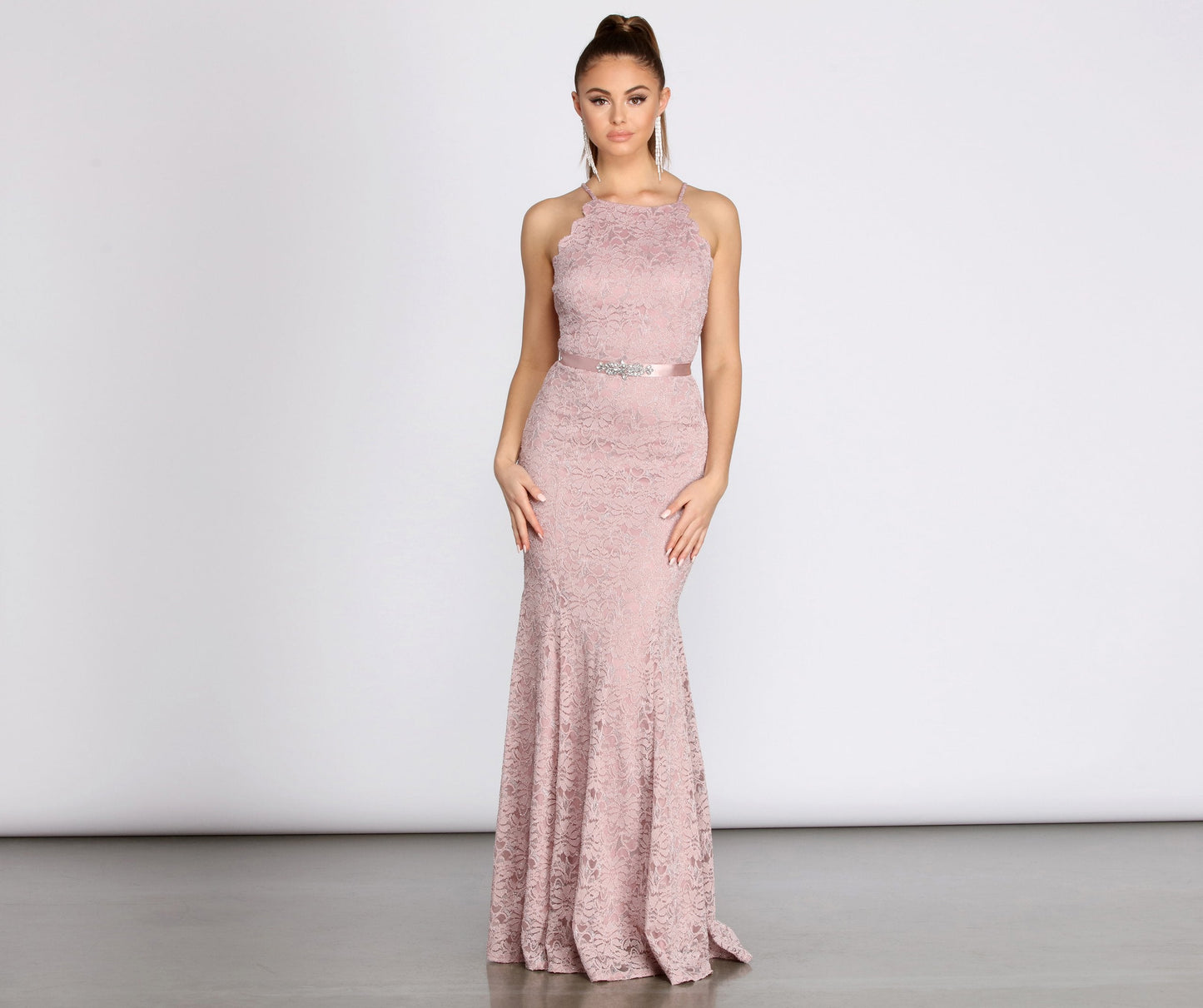 Rosella Lace Scallop Rhinestone Graceful Ribbon Belt Mermaid Dress