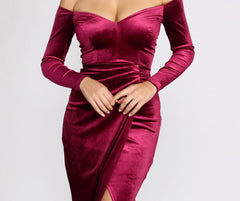 Celeste Off The Shoulder Graceful Wrap Front Velvet Dress