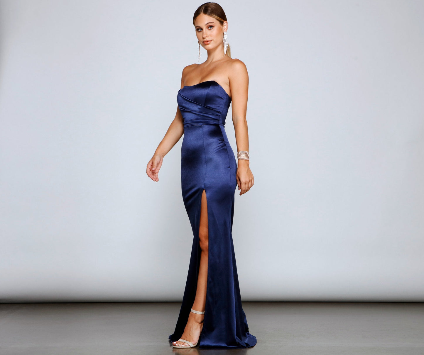 Gianna Strapless Stylish High-Slit Satin Dress