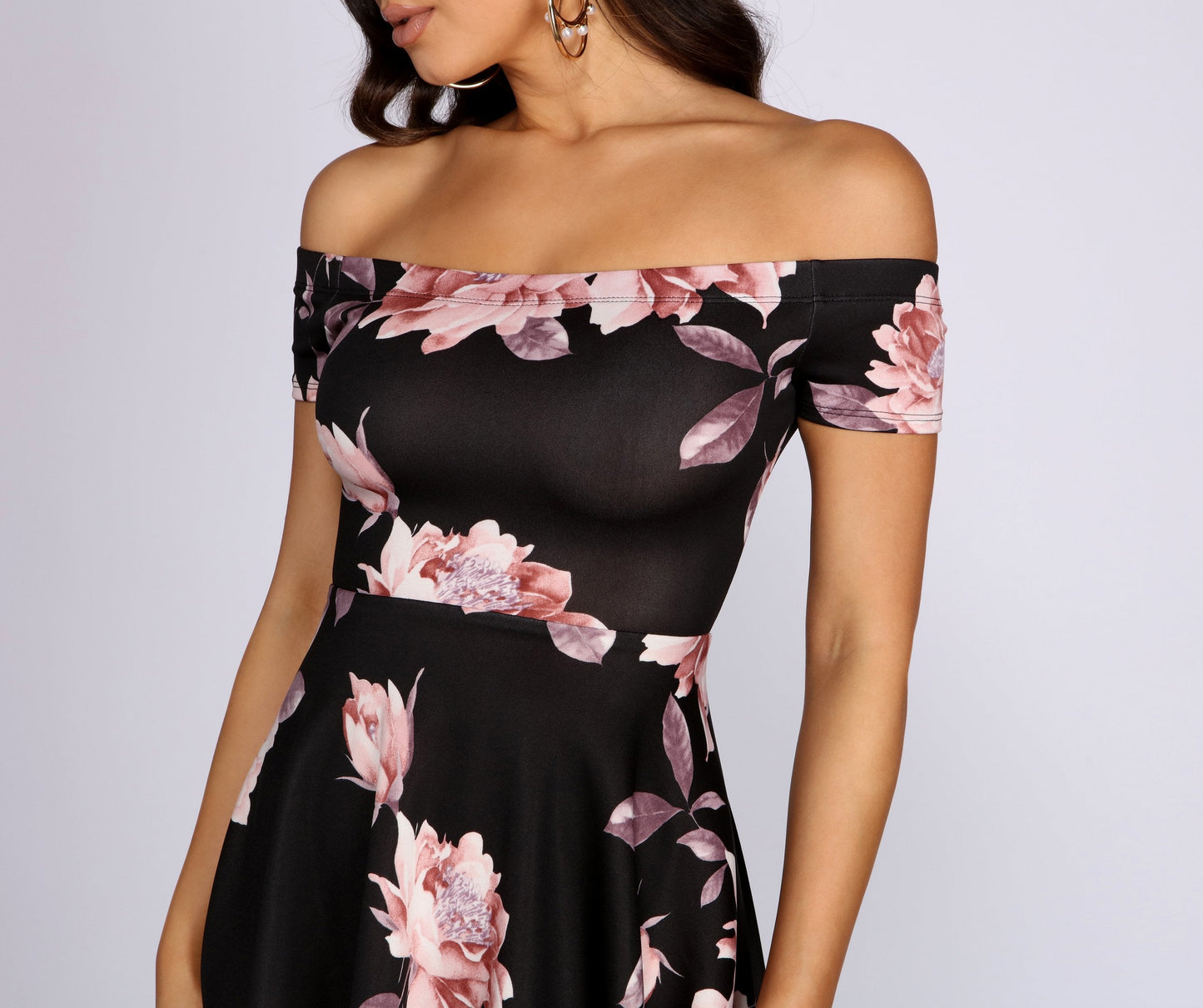 Sweetest Look Floral Off Graceful Shoulder High Low Skater Dress