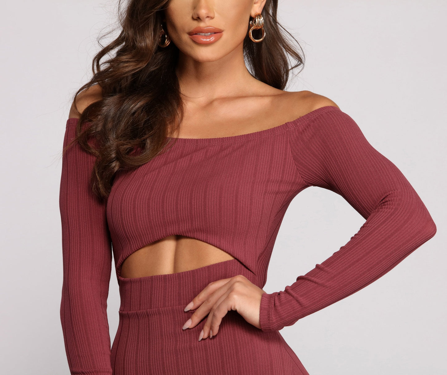 Off The Shoulder Charming Ribbed Cutout Mini Dress