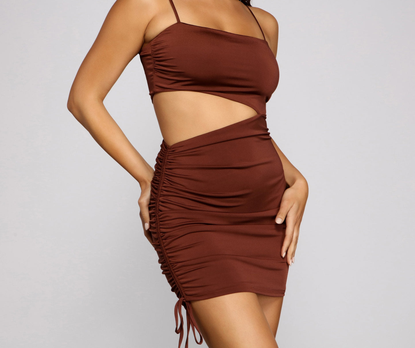 Hard To Get Charming Ruched Cutout Mini Dress