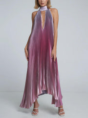 Stylish Pleated Halterneck Charming Strappy Backless Midi Dress
