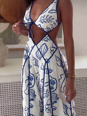 Unique Print Cutout Charming Tie-Up Backless Maxi Dress