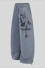 Washed Graffiti Print Wide Leg Sweatpants