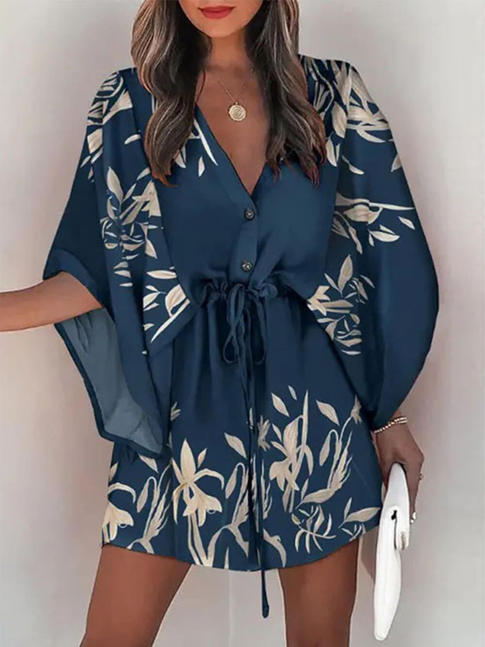 V-Neck Tie Printed Charming Batwing Sleeve Dress