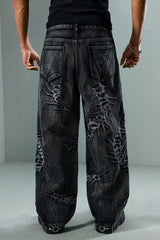 Centipede Embroidered Distressed Flared Denim Jeans