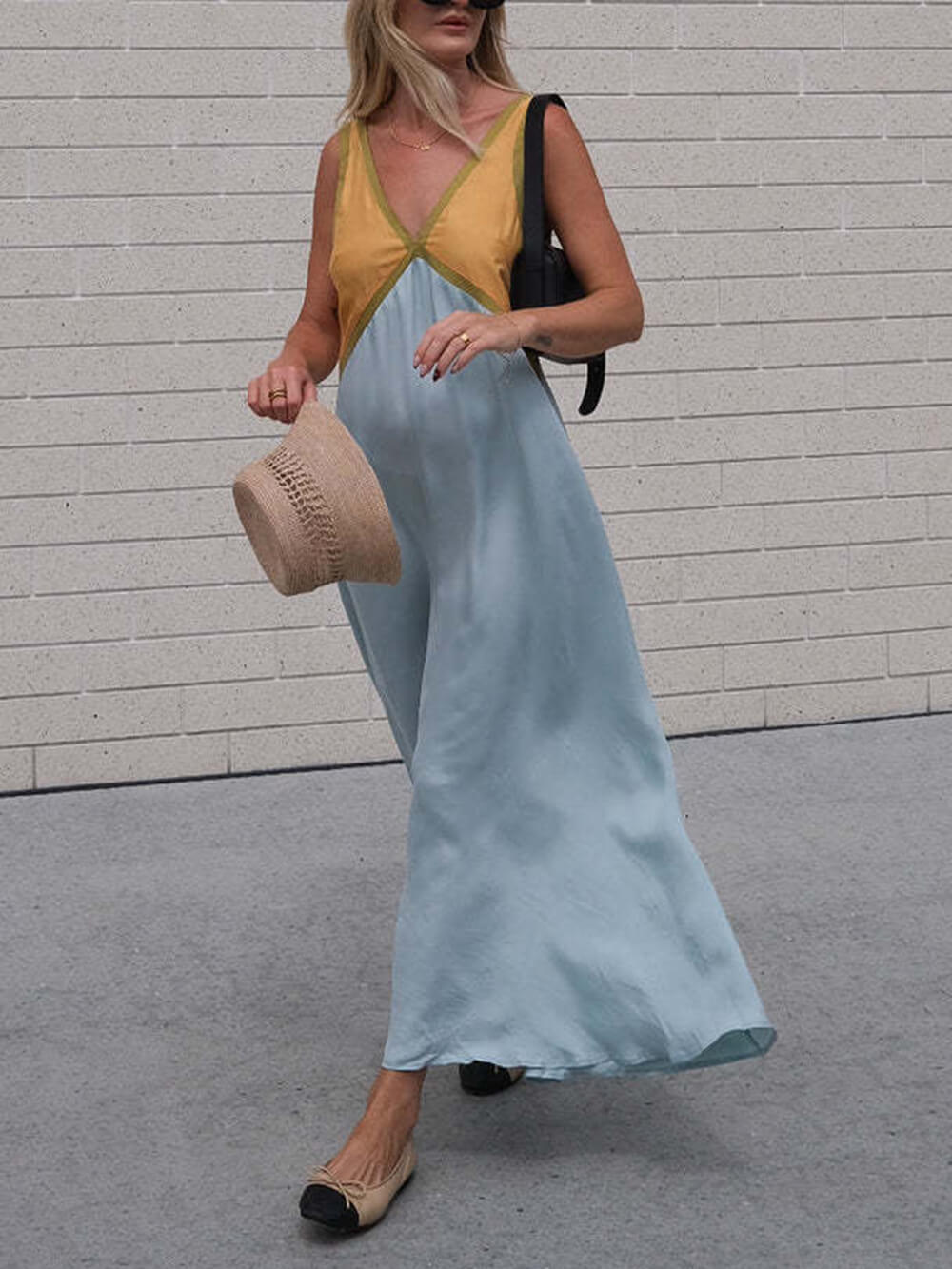 Splicing Chic V-neck Charming Contrasting Color Dress