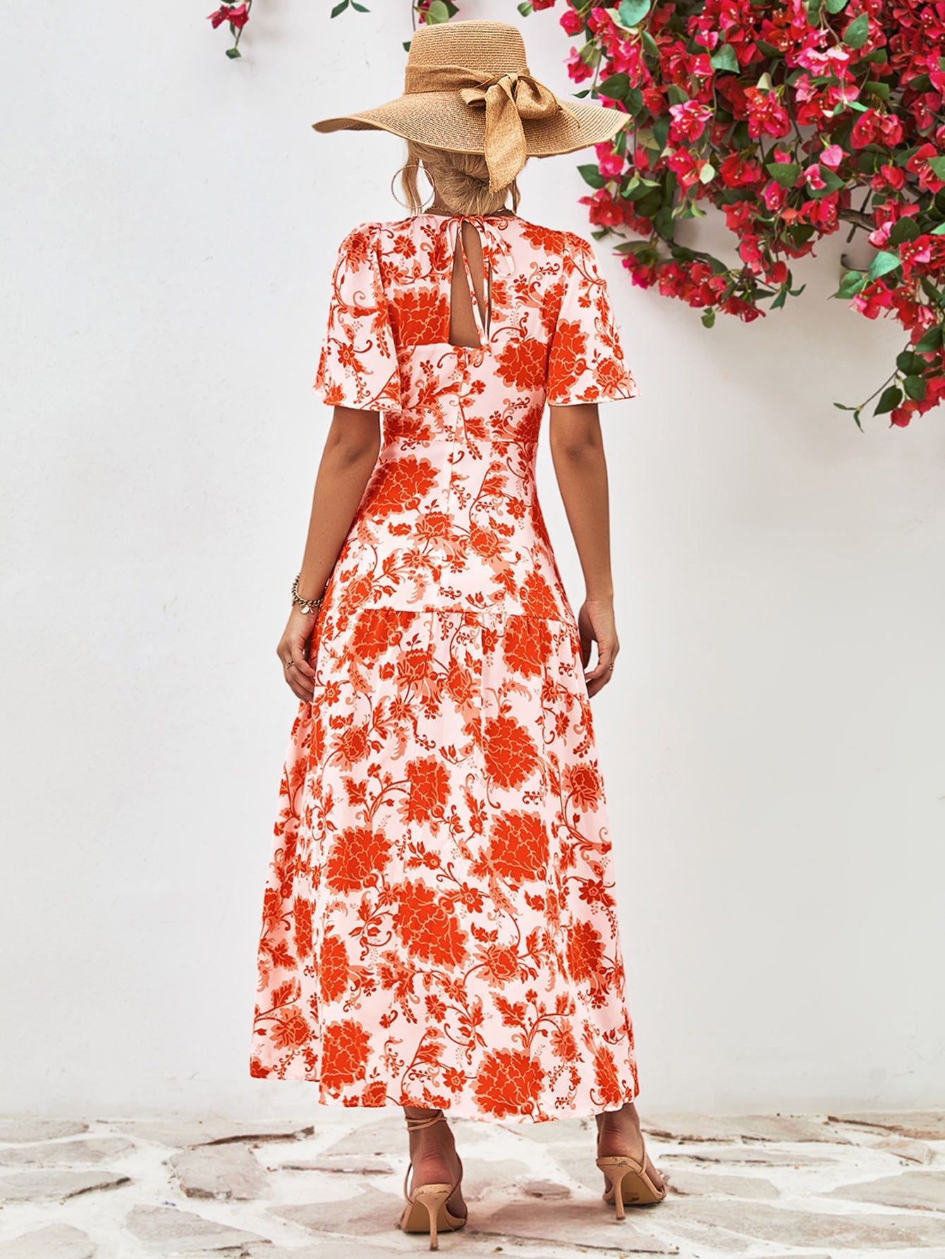 Floral Neck Tied Open Back Dress