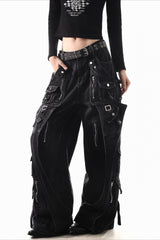 Deconstructed Buckle Cargo Wide Leg Jeans