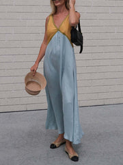 Splicing Chic V-neck Charming Contrasting Color Dress