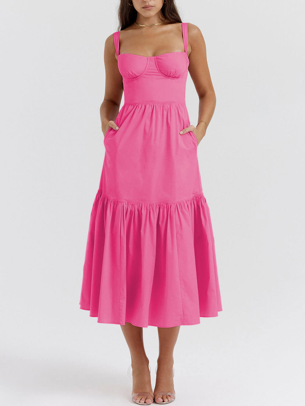 Strap Solid Color Charming A-Hem Midi Dress