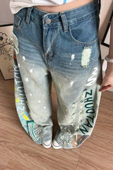 Graffiti Print Distressed Wide Leg Jeans