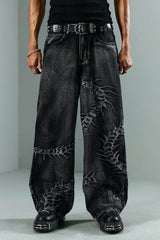 Centipede Embroidered Distressed Flared Denim Jeans