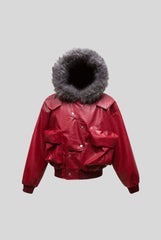 Fur Hood PU Leather Cropped Zip Coat