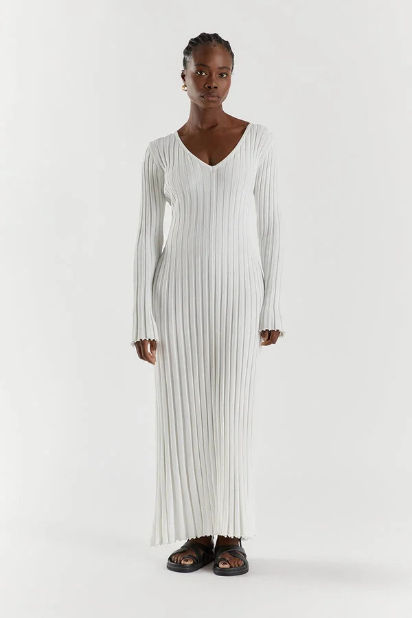 V-Neck Sleeved Knit Midi Dress - HELLA TREND