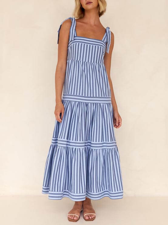 Lace-Up Striped Stylish Square-Neck Midi Dress