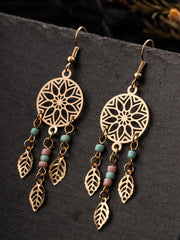 Boho Earrings - Floral Circle Beaded Tassel Leaves