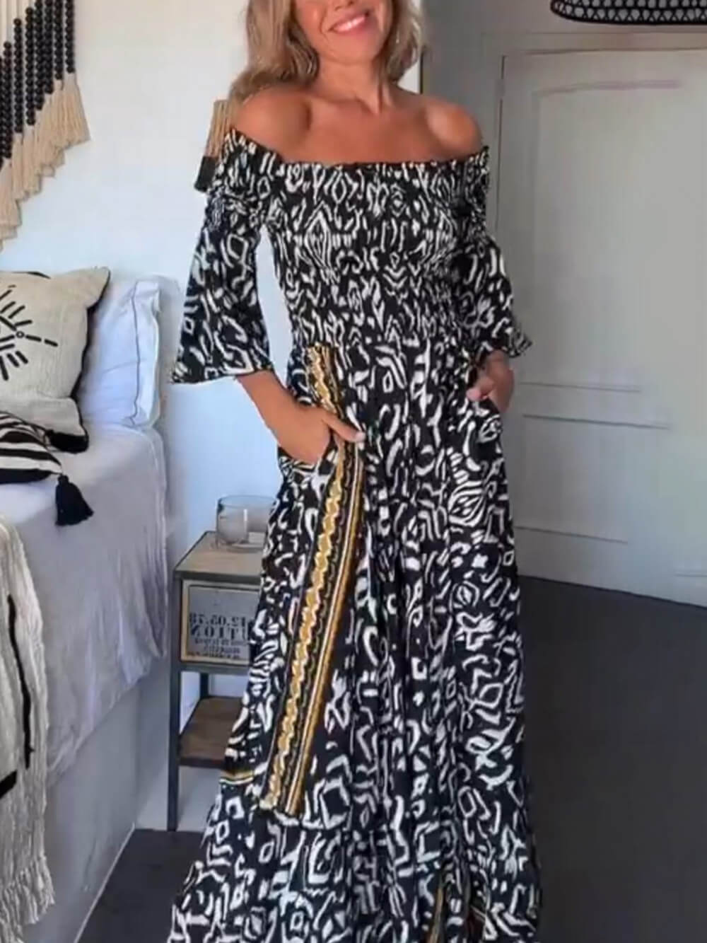 Off-The-Shoulder Smocked Stretch Charming Black Printed Maxi Dress
