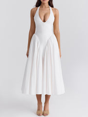Pleated Stitching Deep V Neck Halter Waist Plain Midi Dresses