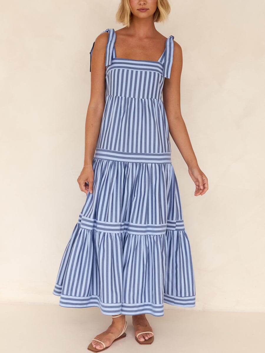 Lace-Up Striped Stylish Square-Neck Midi Dress