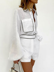 Black White Contrast Shirt Shorts Set