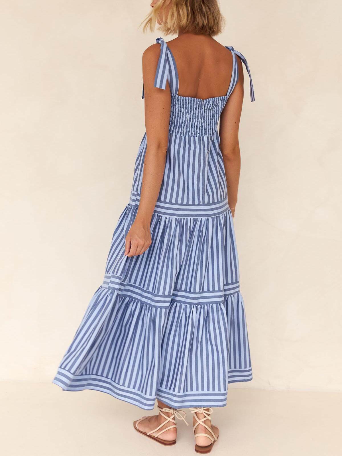 Lace-Up Striped Stylish Square-Neck Midi Dress