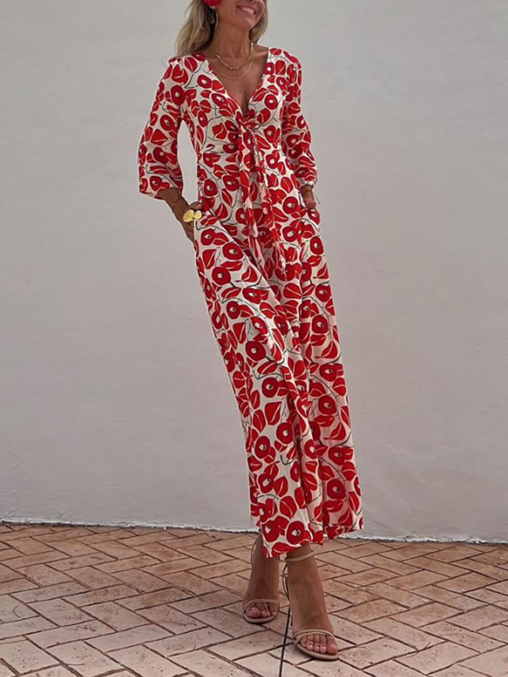 Vacation Floral Print Smocked Graceful Off Shoulder Pocketed Maxi Dress