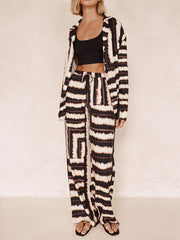 Signature Strip Textured Chocolate Print Baggy Pants-Set