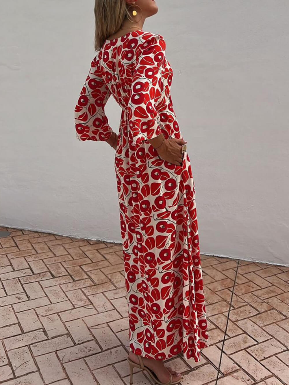Vacation Floral Print Smocked Graceful Off Shoulder Pocketed Maxi Dress