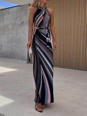 Casual Loose Halterneck Striped Graceful Gradient Print Maxi Dress