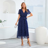 Embroidered Bright Yarn Mesh DressSlim Fit V neck Mid Length Dress