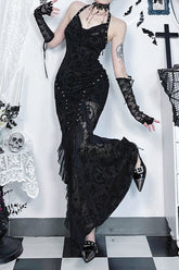 Dark Velvet Drape Gothic Dress Black / S