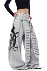 Layered Typography Ribbon Barrel Leg Sweatpants