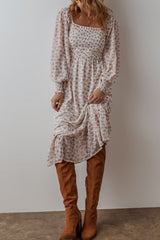 White Floral Print Shirred Ruffled Hem Square Neck Midi Dress