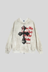 Washed Typography Full Zip Hoodie